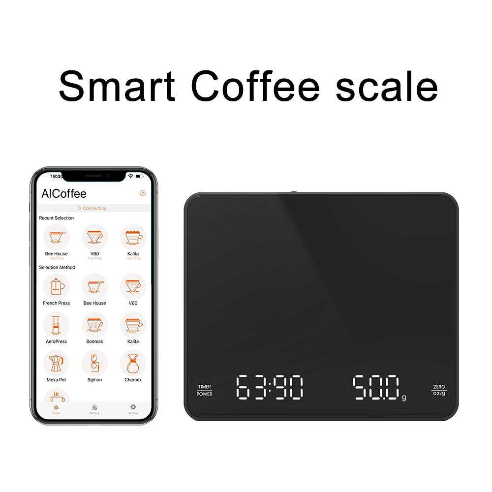 Smart coffee scale, rechargeable coffee scale, coffee scale with timer