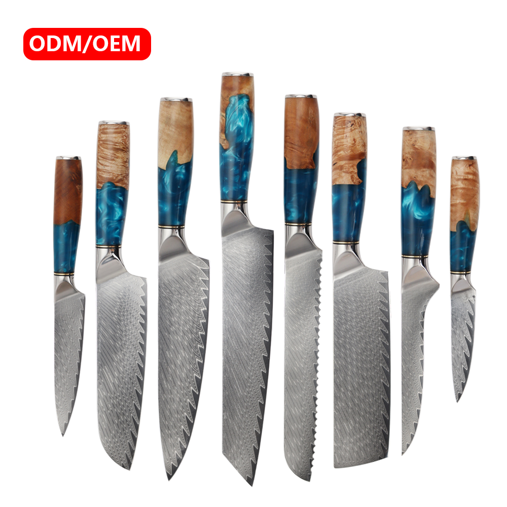 Hip-home Professional Japanese Kitchen Knife Set Damascus Steel Chef Knife with Blue Resin Handle