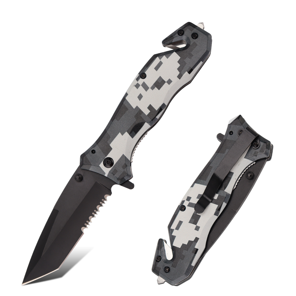 Hip-home 2026 Camouflage Handle Folding Pocket Knife Serrated Blade Emergency Survival Knife