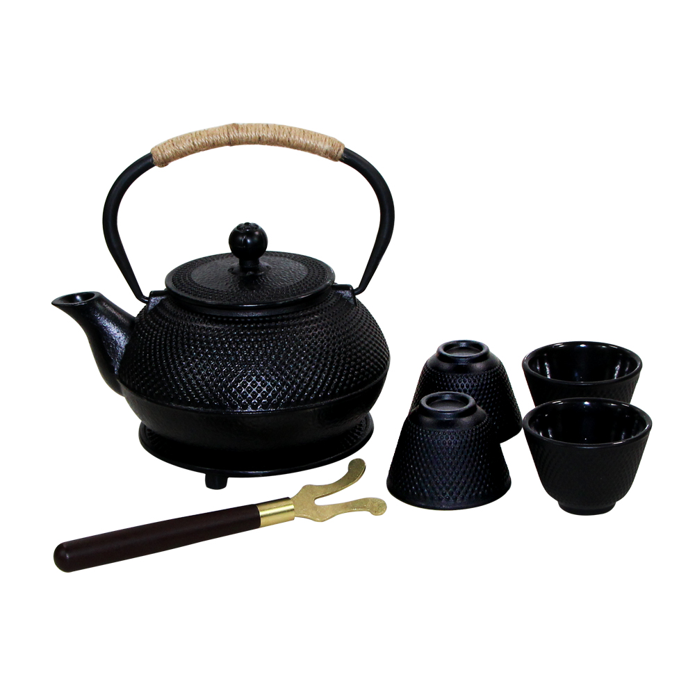 Japanese Style Cast Iron Kettle Complete Tea Set with Rope Wrapped Handle
