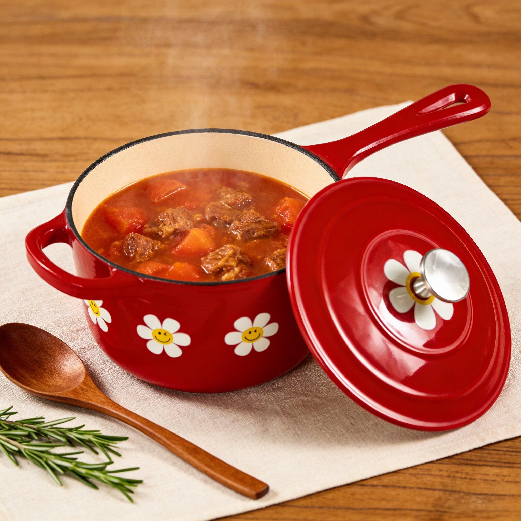 European Style Enameled Cast Iron Milk Pot, Daisy Pattern Small Stew Pot for Baby Food