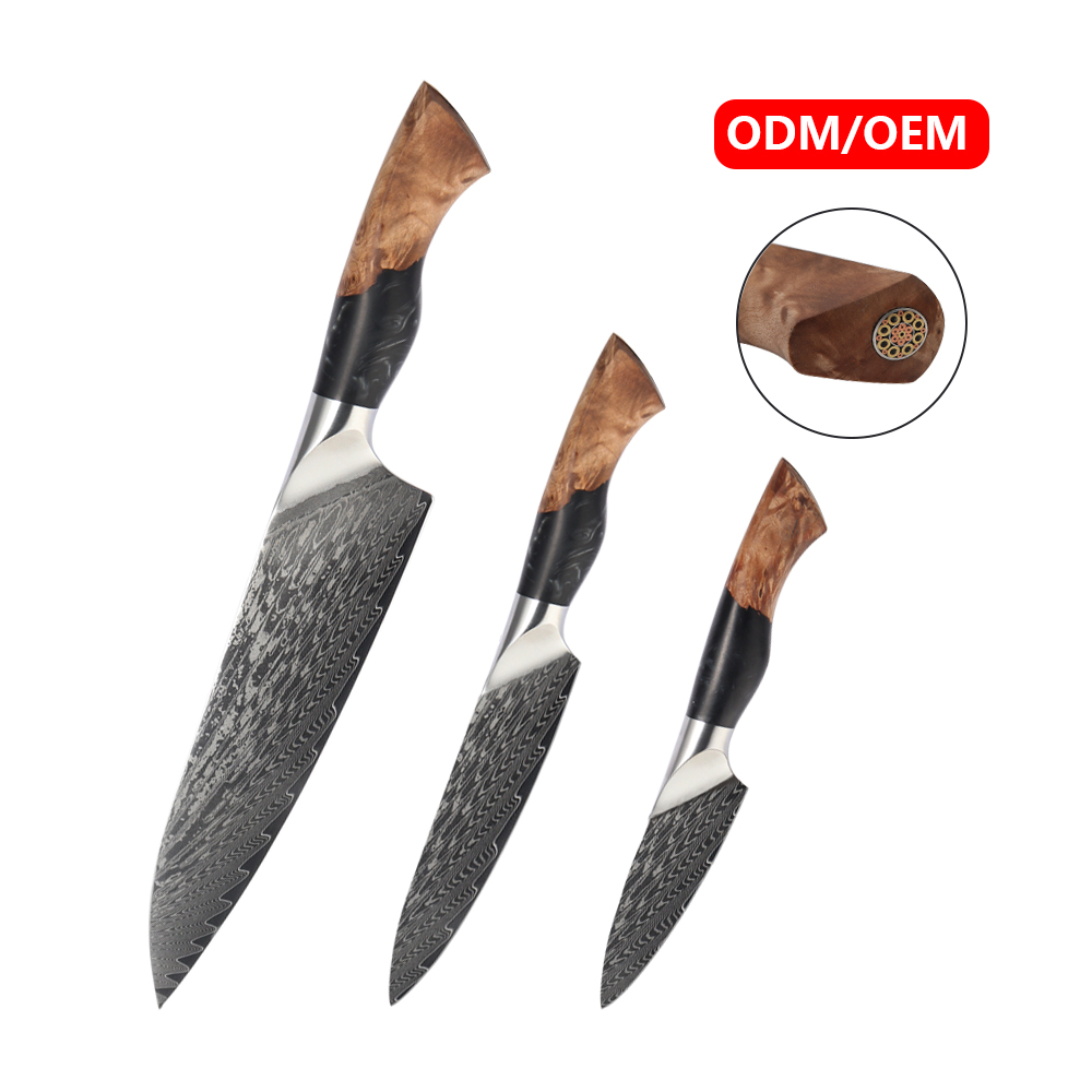 Hip-home OEM Damascus Kitchen Knife Set 3PCS VG10 Core Damascus Steel Chef Knife Set Professional