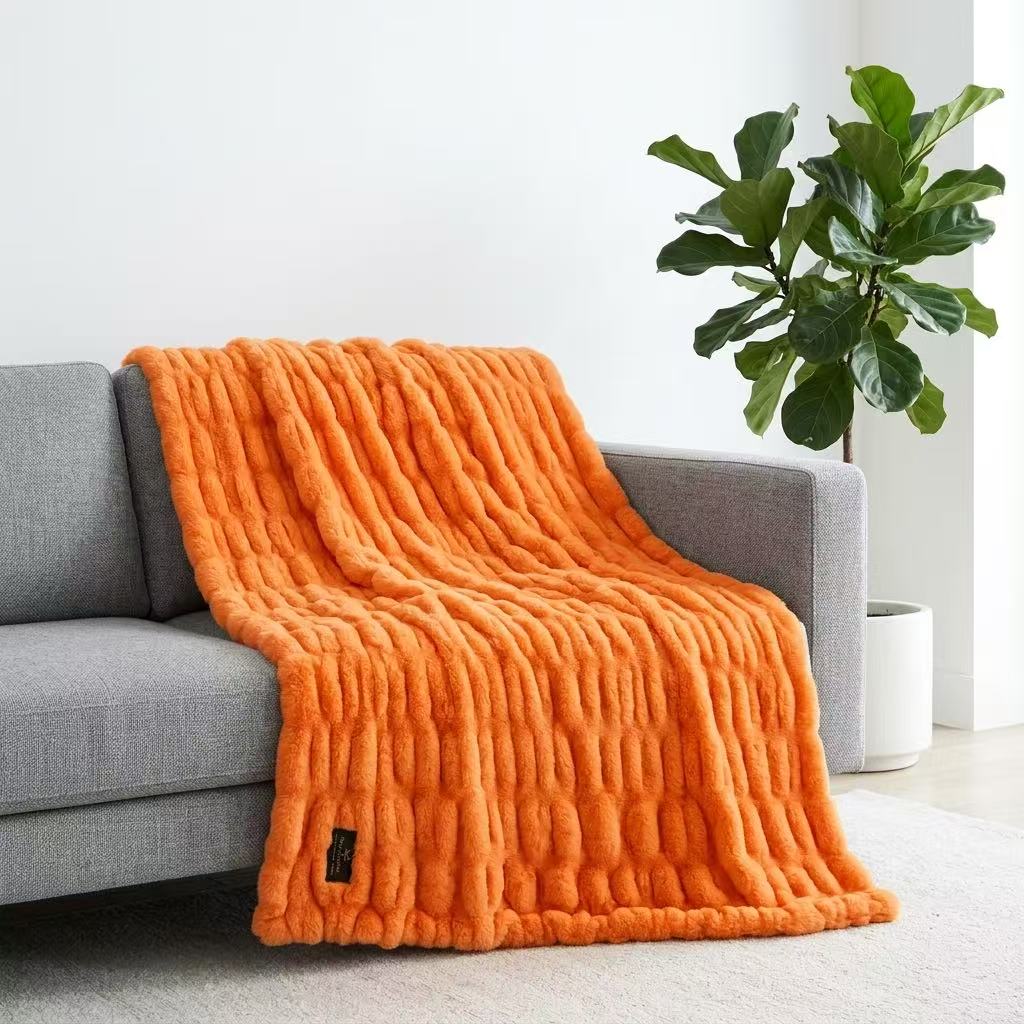 Stretch Strip Faux Rabbit Fur Throw Blanket