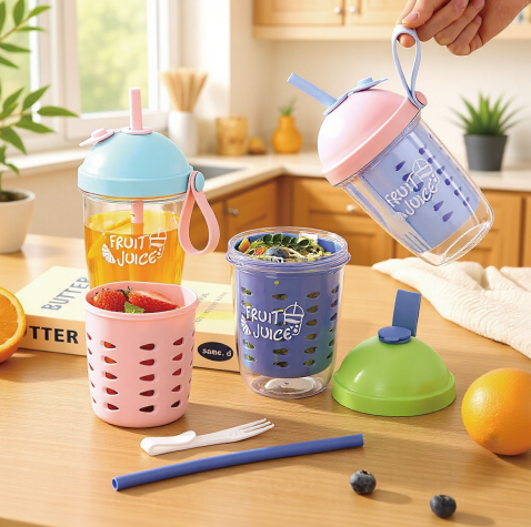 Factory Price Fruit Salad Cup with Fork 600ml Fruit Container