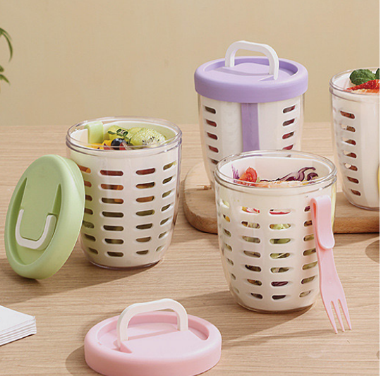600ml Portable Double Layer Salad Cup Fork Modern Design Plastic Yogurt Fruit Bento Cup Kitchen
