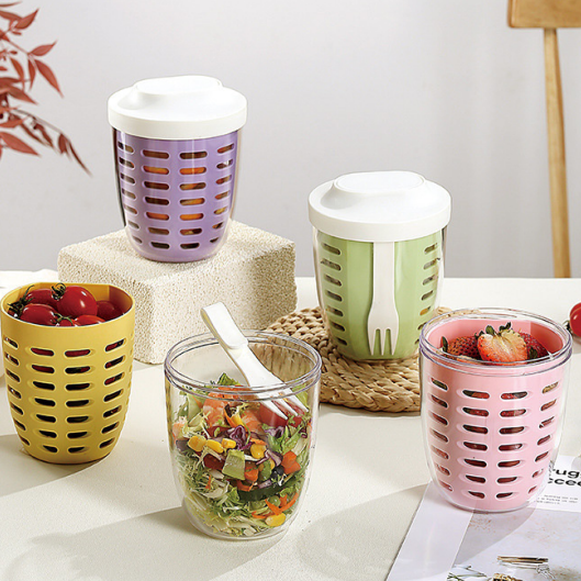 Portable Double Layer PP Salad Cup Leakproof Fresh Keeping Food Container for Outdoor Picnic Camping