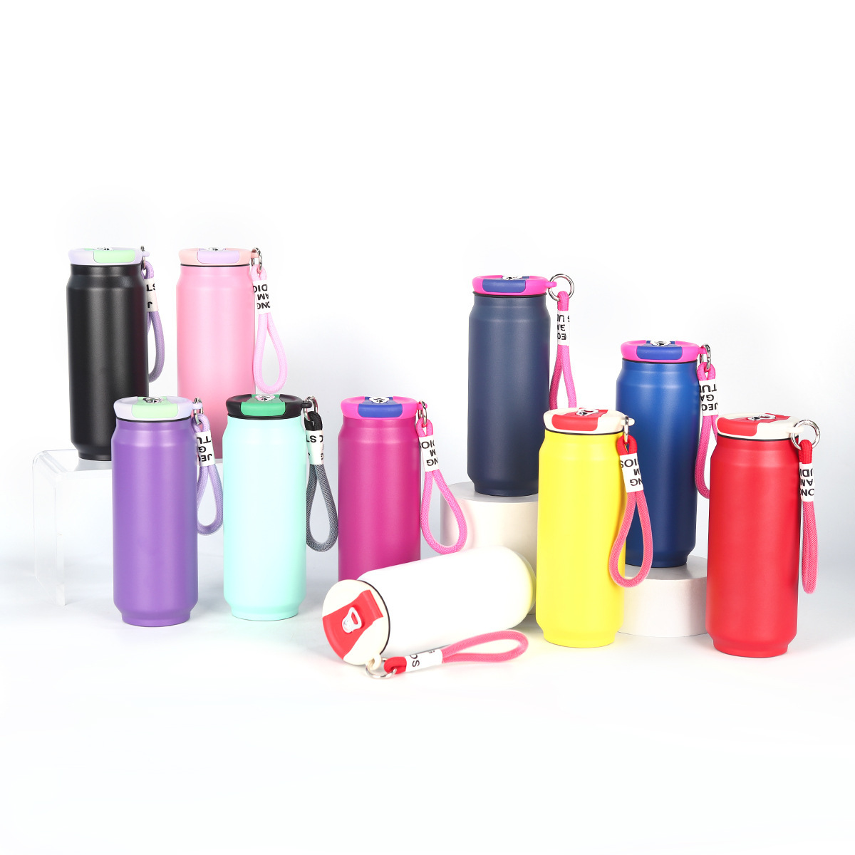 Stainless steel insulated cola cans and coffee mug with strap