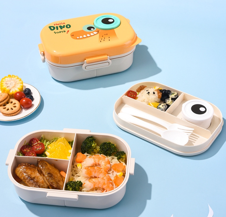 Cartoon Dinosaur Kids Bento Lunch Box Multi Compartment Lunch Box with Spoon & Fork