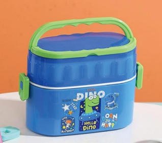 Plastic Double Layer Kids Bento Lunch Box with Handle Cartoon Dinosaur Food Container