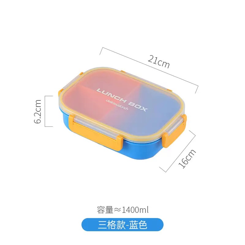 Rectangular Plastic Bento Lunch Box 3 Compartment Food Container with Spoon for Children